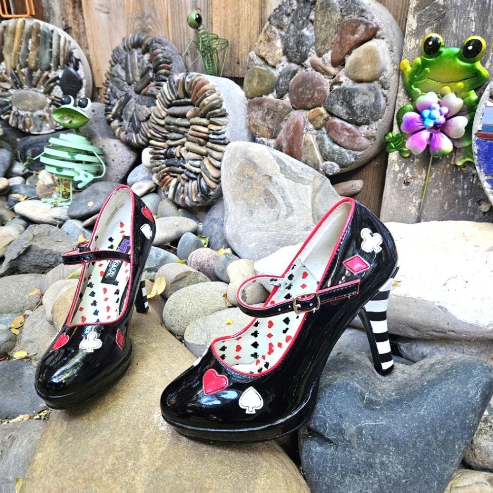 Funtasma Black Patent Card-Suit Mary Jane Heels Size 6.5